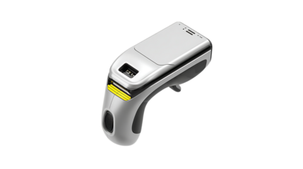 Bluetooth barcode scanner isolated on transparent background ergonomic grip LED scanner strip visible hyper-realistic clean details 