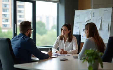 A modern financial office with a financial advisor explaining the benefits of a diversified portfolio to clients, magazine photography style. High quality