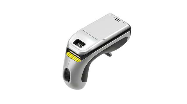 Bluetooth barcode scanner isolated on transparent background ergonomic grip LED scanner strip visible hyper-realistic clean details 