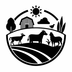 Farm landscape with animals barn and sun isolated on white background