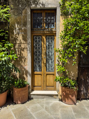 rustic ornamental wooden door with glass panels surrounded by lush green plants. traditional italian architecture. tuscan old town street. mediterranean