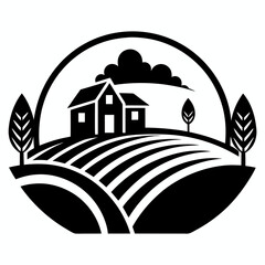 Farm landscape with house trees and cloud isolated on white background