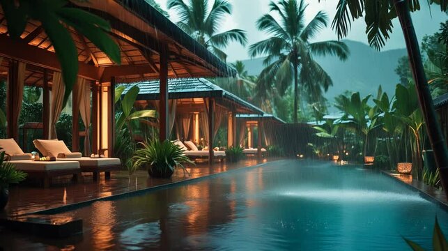 Luxury Tropical Spa Resort in the Rain: Relaxing Poolside Ambience