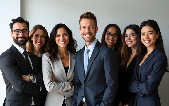 Smart and impeccable-looking diverse group of businesspeople posing confidently for a professional team photo. High quality