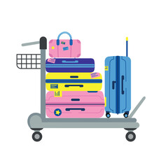 Obraz premium Airport Luggage Trolley – Colorful Suitcases Vector Illustration, Flat vector illustration of a baggage cart loaded with colorful suitcases and a travel bag. Depicts airport travel