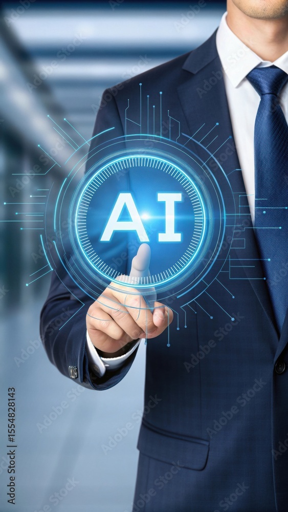 Poster futuristic ai hologram business professional interacting with technology. digital interface with ai 