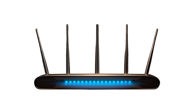 Compact router device isolated on transparent background vent details visible LED indicators glowing subtly ultra-clean product showcase 