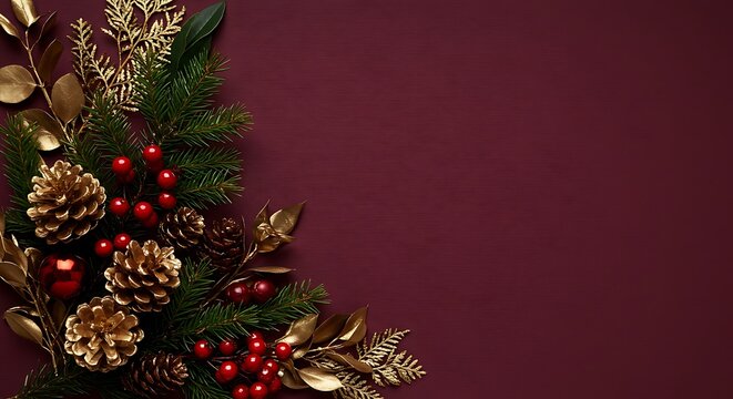 A festive christmas arrangement features gold pine cones red berries and gold leaves on a deep burgundy background