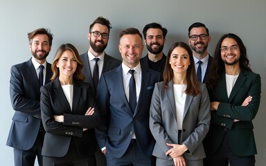 A diverse group of businesspeople poses for a professional team photo, exuding confidence and professionalism, while looking smart and impeccable. Generative AI. High quality