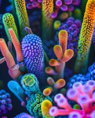 Colorful stylized microorganisms under a microscope. Abstract biological forms. Scientific and medical illustration