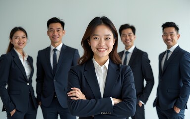 Confident Asian businesspeople in powerful poses, donning business suits, symbolizing a dynamic corporate team. Captivating unity and professionalism. generative AI. High quality