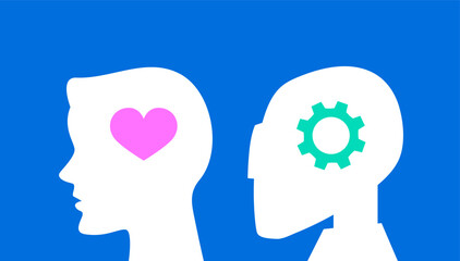 Silhouette of human head with heart inside and robot head with gear. Difference between a human and an AI. Man with feelings and soul. Unfeeling robot. Creative and technological approach to work