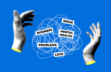 Halftone hands manipulate a ball of thoughts. Mental health. Psychotherapy session. Untangling thoughts. Problem solving. Help from psychologist. Modern collage