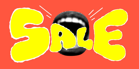 Pop art sale banner. Modern collage with halftone mouth screaming word Sale. Word Sale cut out of paper. Attention grabbing banner with open female mouth cut out of newspaper. Announcement banner