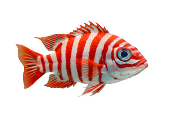 Fish with a blue eye and red and white stripes isolated on white or transparent background. PNG