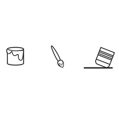 Vector set of paint line icons. Collection includes paint brush, painter, house painting, spray can, paint can, color palette, paint roller and more. Pixel perfect thin outline style on white backgrou