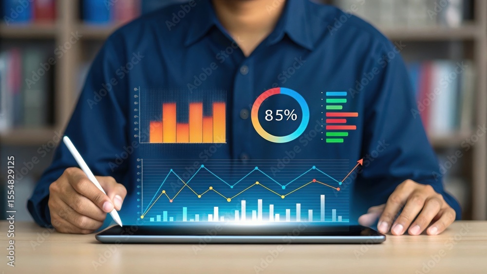Poster digital illustration of person using stylus with holographic charts. modern data visualization and t