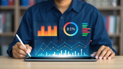 Digital illustration of person using stylus with holographic charts. Modern data visualization and tech interaction. Futuristic office workspace with digital graphs.