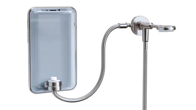 A gray smartphone is mounted on a metallic arm with a flexible hose attached to a charging port.