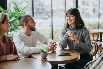 A cheerful group of friends having a social and lively discussion at a cozy cafe.