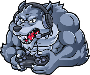 cartoon character wolf is playing game with controller and headset