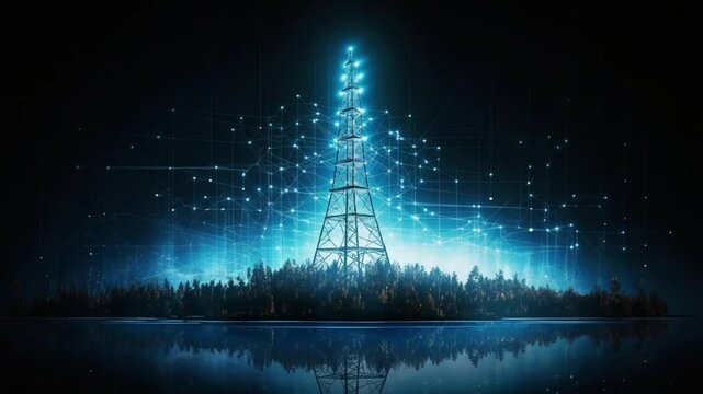 Futuristic electricity pylon illuminating a night forest and lake reflecting blue light