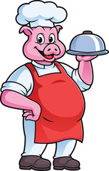 friendly pig cartoon character wearing a chef's uniform and carrying food in his hands