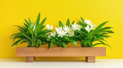 Fresh pineapple resting on wood, bold green leaves reaching up against a vivid yellow wall background