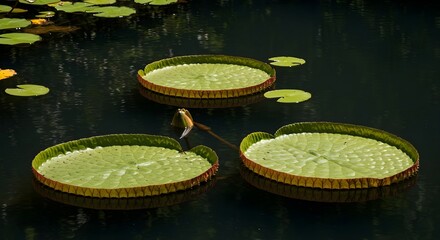 Water lily, Giant water lily, Victoria amazonica, Three Giant Water Lily Pads on Dark Water