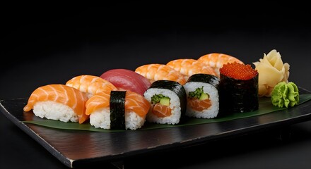 Sushi, Platter, Salmon, Delicious Sushi Platter with Salmon, Tuna, Shrimp, and Avocado