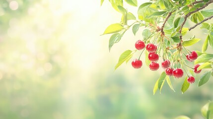 Obraz premium Natural cherry cluster with green foliage, ripe and fresh, sunlight adding highlights and ample space for layout