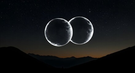 Double moon, Two moons, Moon, Double Moon over Mountain Range at Night