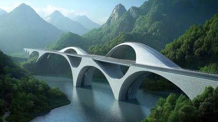 Sleek, futuristic bridge spans tranquil water; lush, green mountains form a serene backdrop
