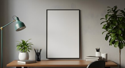 Mockup, Poster, Frame, Blank Poster Mockup on Wooden Desk with Plants and Office Supplies