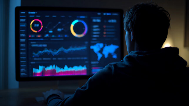 Person watching streaming dashboard in dark room, glowing data UI