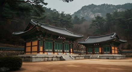 Korea, Korean, Temple, Ancient Korean Temple Buildings in Mountain Setting