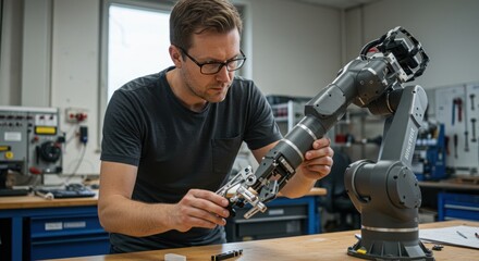 Engineer working with industrial robot arm