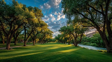 Lush green golf course at golden hour