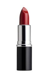 A bold red lipstick in a sleek silver and black case, showcasing a glossy finish and a pointed tip for precise application.