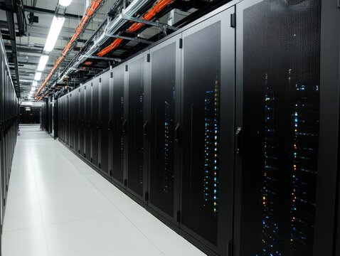 Illuminated Server Room Data Center Corridor, Data Storage, Server Infrastructure