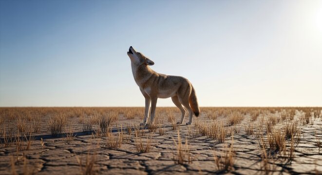  Lone Coyote Howling in a Dry Field Under the Bright Sky 
