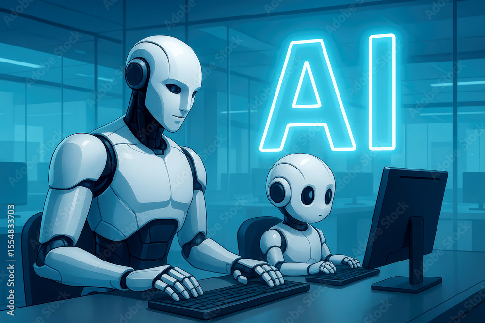 Poster white robots working on computers with ai sign artificial intelligence office