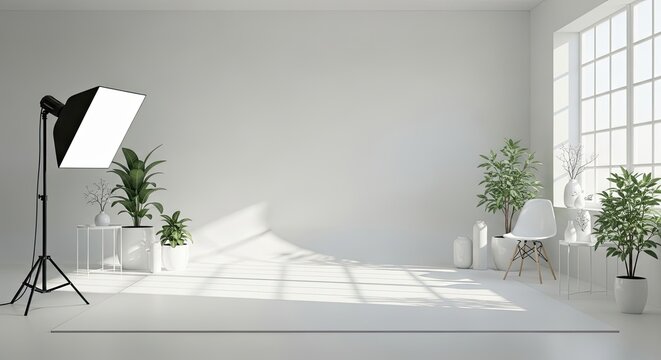  Minimalist White Studio Setup with Soft Lighting and Greenery