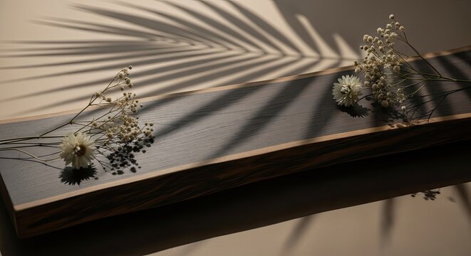  Minimalist Wooden Slab Display with Dried Flowers and Palm Leaf Shadows 