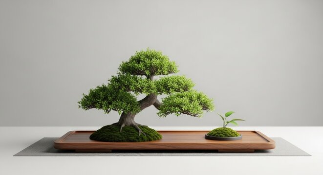 : Minimalist Zen Bonsai Tree Arrangement on Wooden Tray 