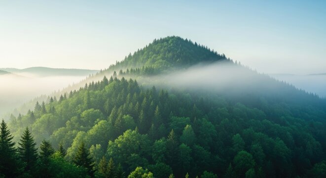  Misty Highland Valley Sunrise Aerial View of Rolling Hills and Peaks