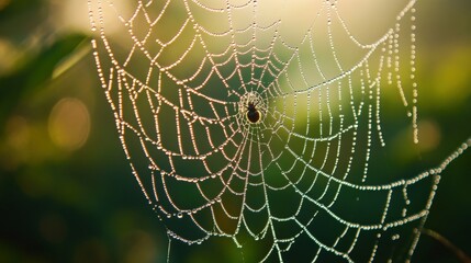 A spiders web covered with tiny water droplets in the morning light