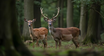 Obraz premium Sika deer, Deer, Cervus nippon, Majestic Sika Deer Pair in Forest