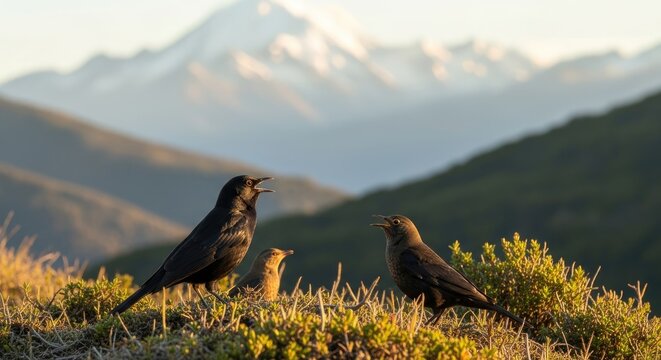Pair of Austral Blackbirds Singing at Dawn in the Andean Foothills 