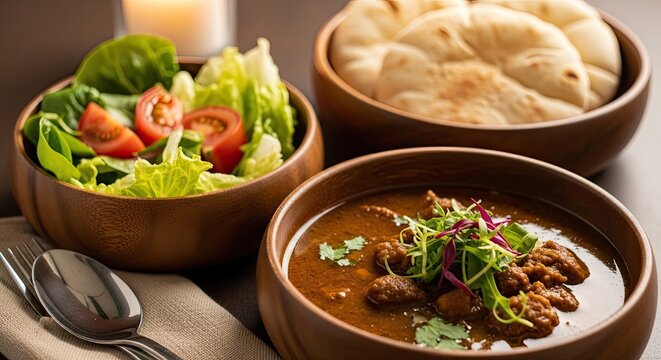 Ramadan Iftar Meal Hearty Stew with Salad and Bread in Rustic Wooden Bowls